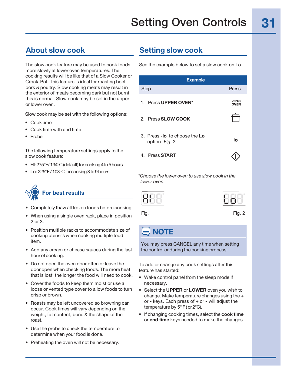 Setting oven controls, About slow cook setting slow cook | Electrolux 316520001 User Manual | Page 31 / 64