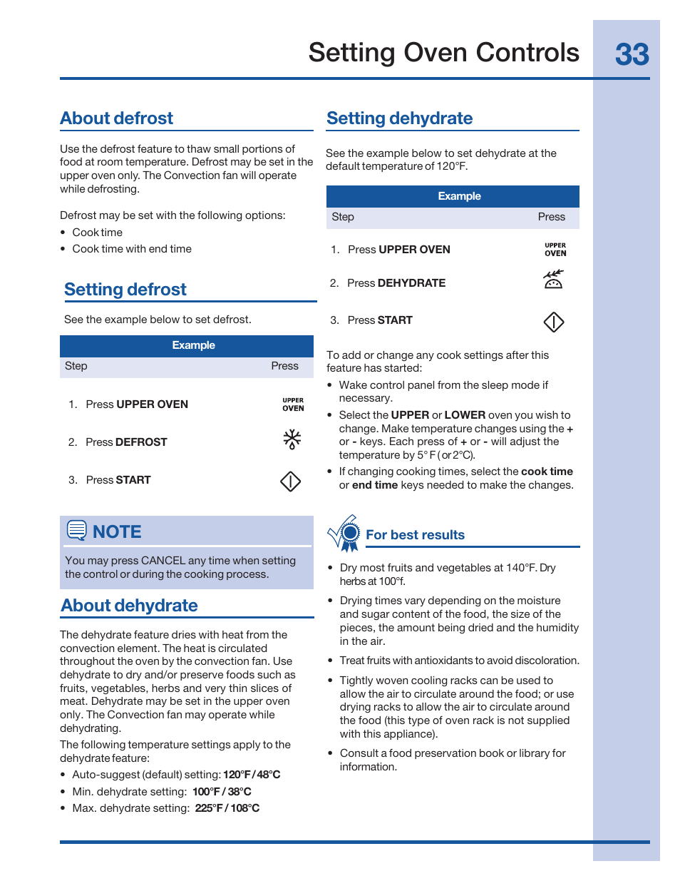 Setting oven controls, About defrost setting defrost about dehydrate, Setting dehydrate | Electrolux 316520001 User Manual | Page 33 / 64