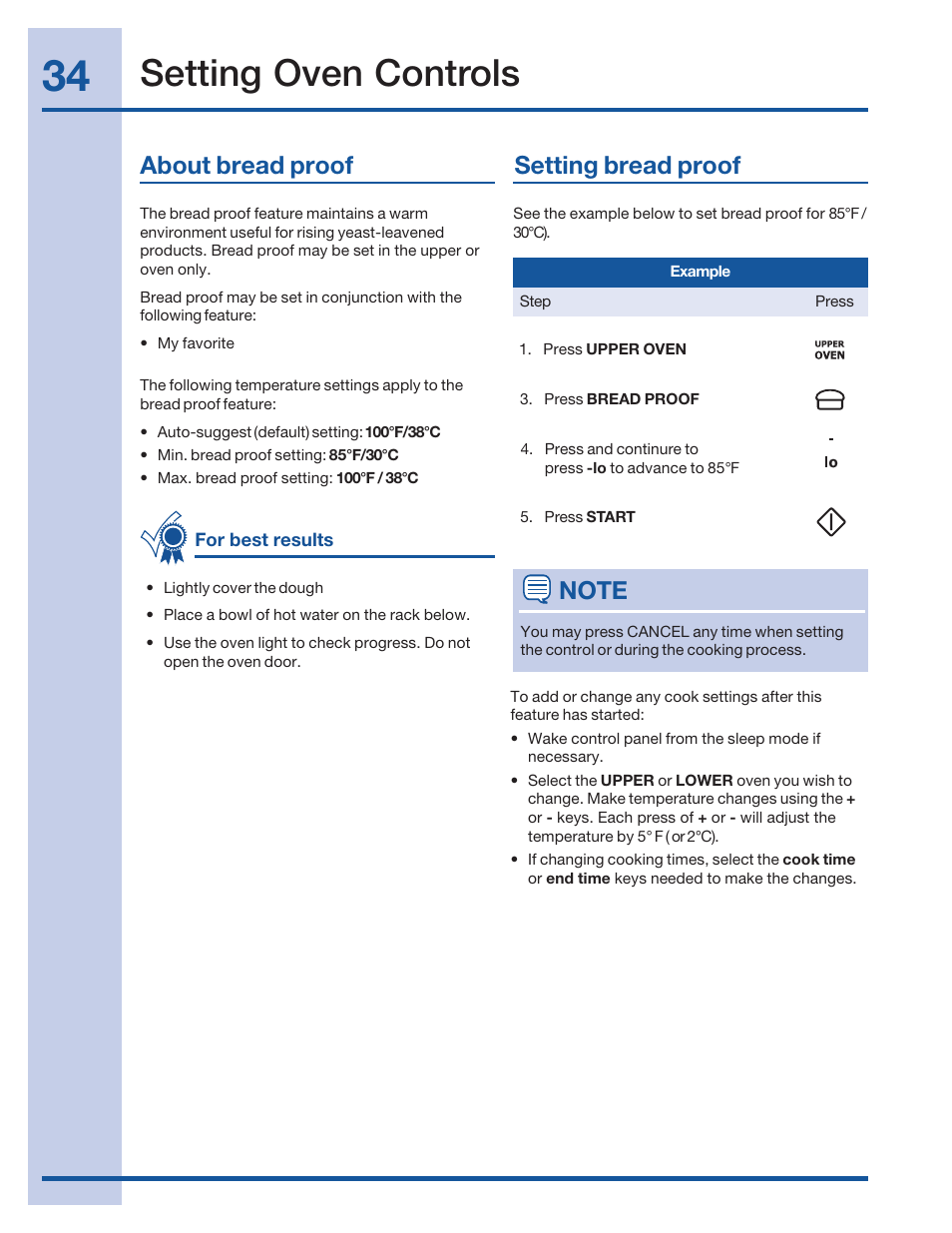 Setting oven controls, About bread proof setting bread proof | Electrolux 316520001 User Manual | Page 34 / 64