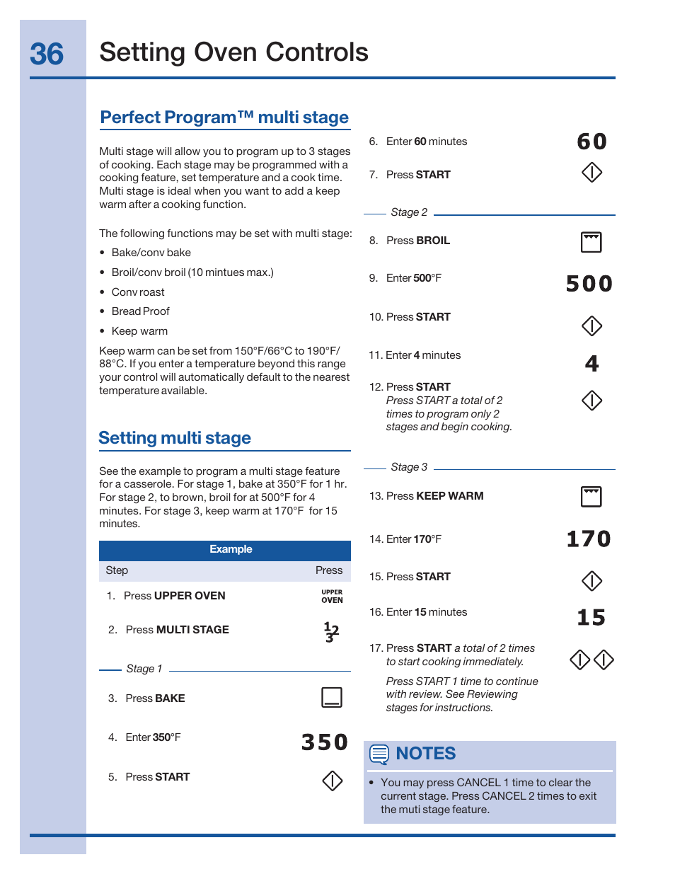 Setting oven controls, Perfect program™ multi stage, Setting multi stage | Electrolux 316520001 User Manual | Page 36 / 64