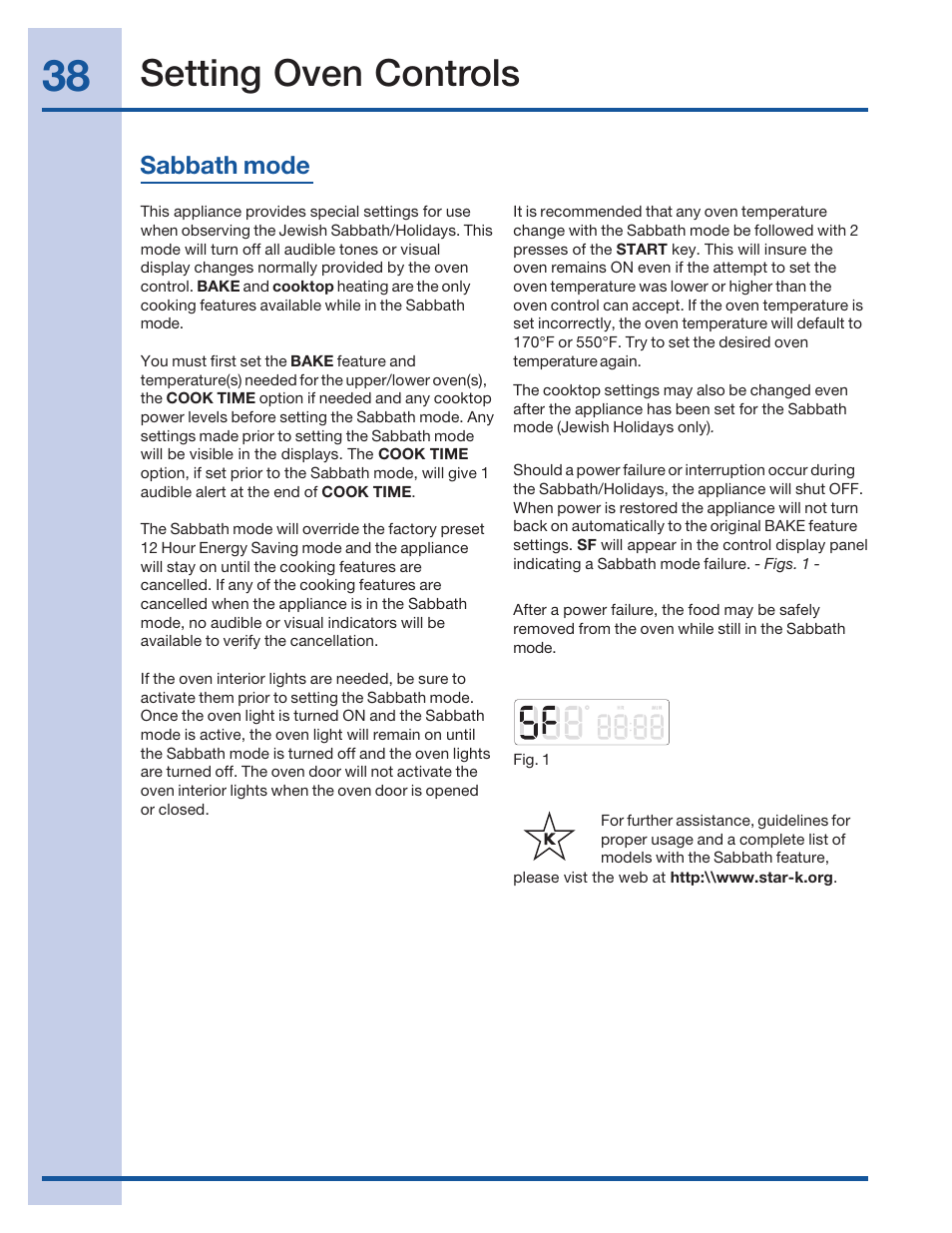 Setting oven controls, Sabbath mode | Electrolux 316520001 User Manual | Page 38 / 64