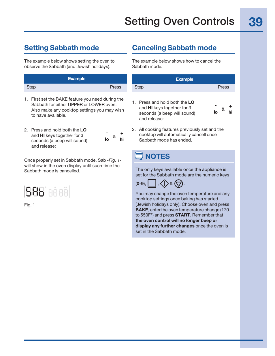 Setting oven controls, Setting sabbath mode, Canceling sabbath mode | Electrolux 316520001 User Manual | Page 39 / 64