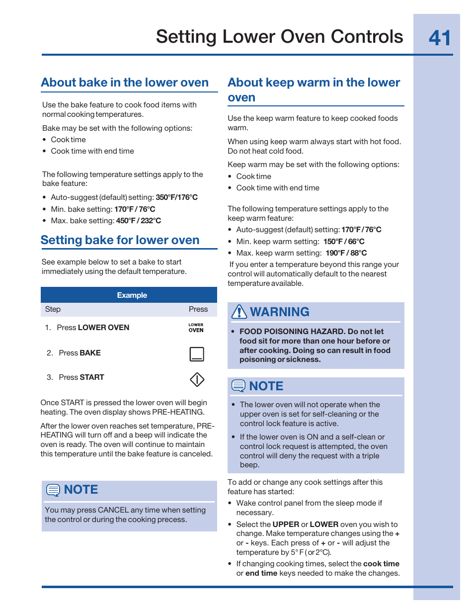 Setting lower oven controls, About bake in the lower oven, Setting bake for lower oven | About keep warm in the lower oven | Electrolux 316520001 User Manual | Page 41 / 64