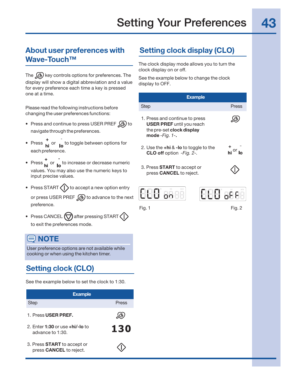 Setting your preferences, Setting clock display (clo), About user preferences with wave-touch | Setting clock (clo) | Electrolux 316520001 User Manual | Page 43 / 64