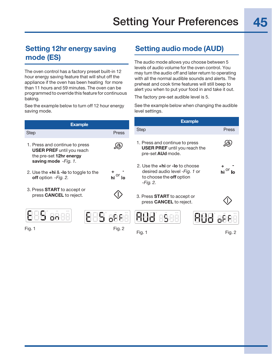 Setting your preferences, Setting 12hr energy saving mode (es), Setting audio mode (aud) | Electrolux 316520001 User Manual | Page 45 / 64