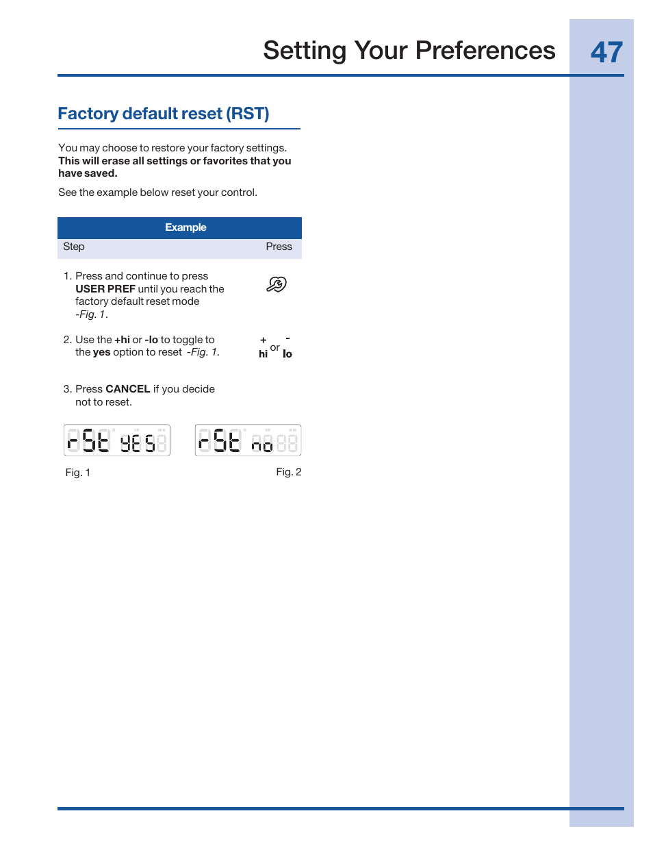 Setting your preferences, Factory default reset (rst) | Electrolux 316520001 User Manual | Page 47 / 64