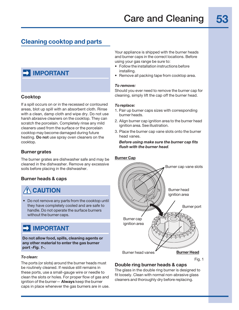 Care and cleaning, Cleaning cooktop and parts, Important | Electrolux 316520001 User Manual | Page 53 / 64