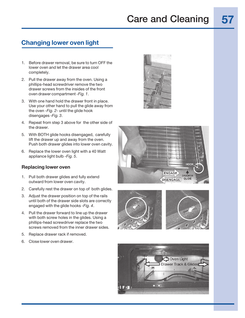 Care and cleaning, Changing lower oven light | Electrolux 316520001 User Manual | Page 57 / 64