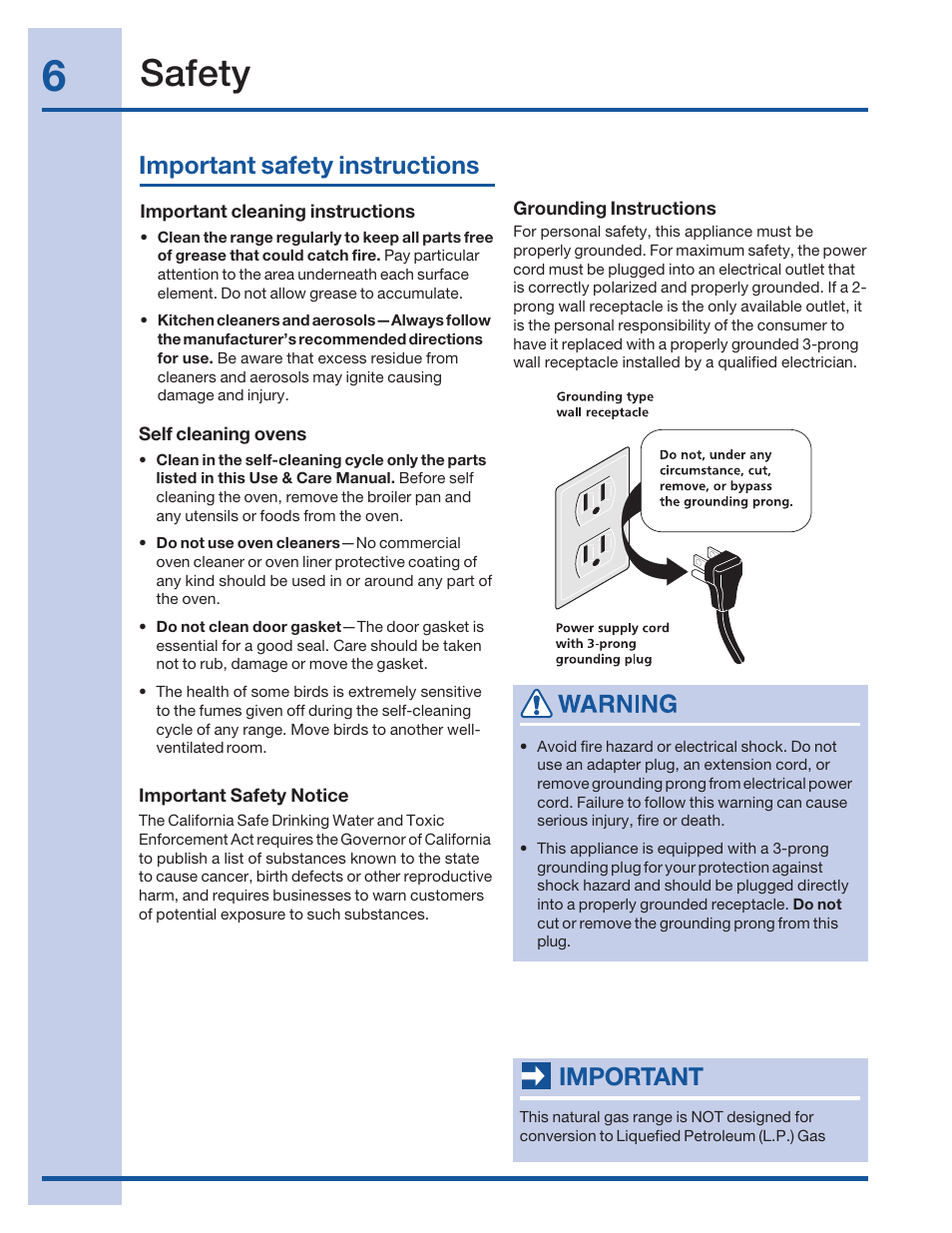 Safety, Important safety instructions, Important | Electrolux 316520001 User Manual | Page 6 / 64