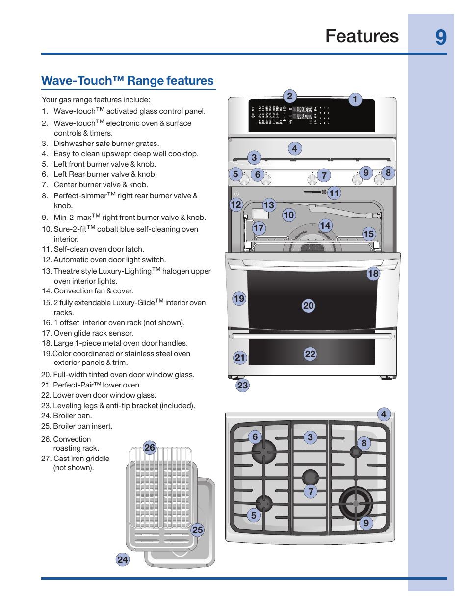 Features, Wave-touch™ range features | Electrolux 316520001 User Manual | Page 9 / 64