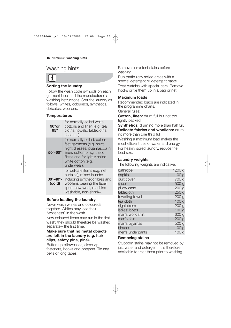 Washing hints | Electrolux EWG 14750 W User Manual | Page 16 / 44