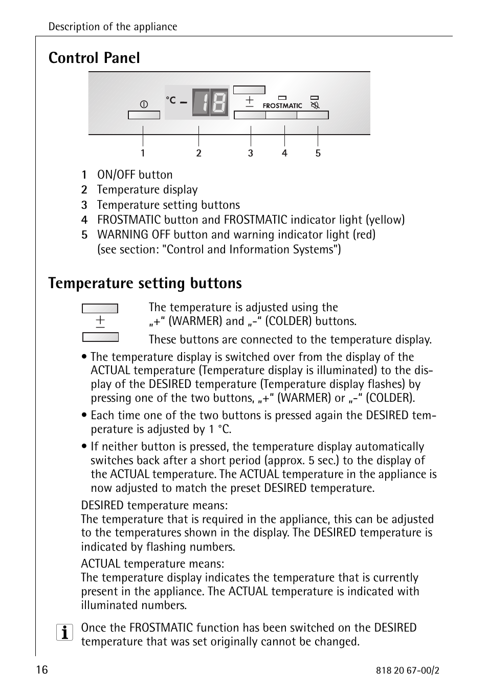 Control panel, Temperature setting buttons | Electrolux 2498-6 GA User Manual | Page 16 / 32