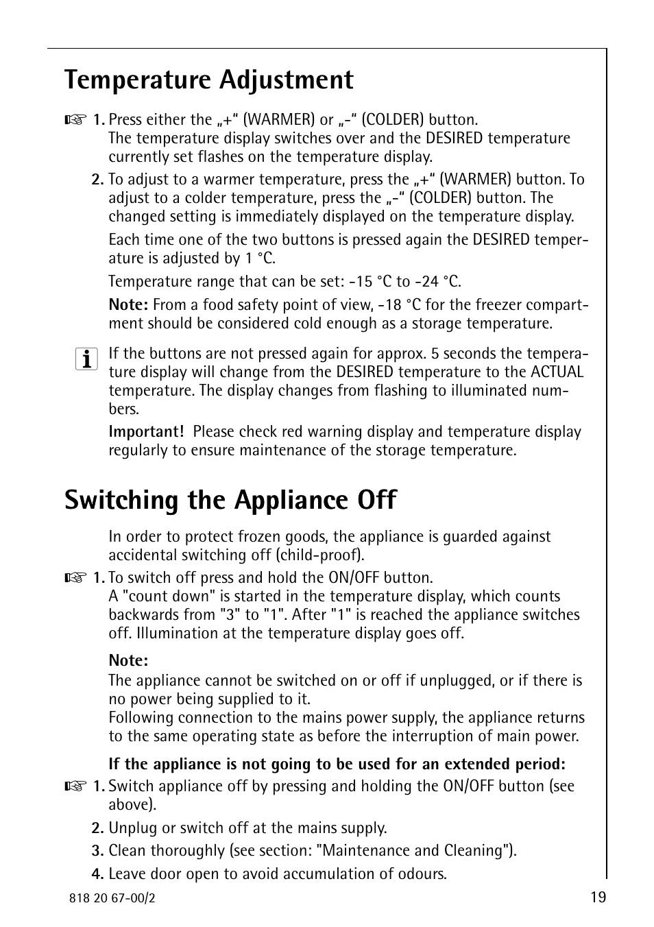 Temperature adjustment | Electrolux 2498-6 GA User Manual | Page 19 / 32