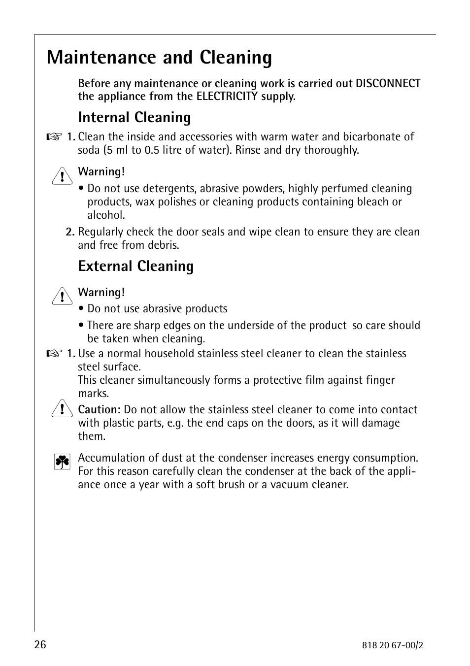 Maintenance and cleaning, Internal cleaning, External cleaning | Electrolux 2498-6 GA User Manual | Page 26 / 32