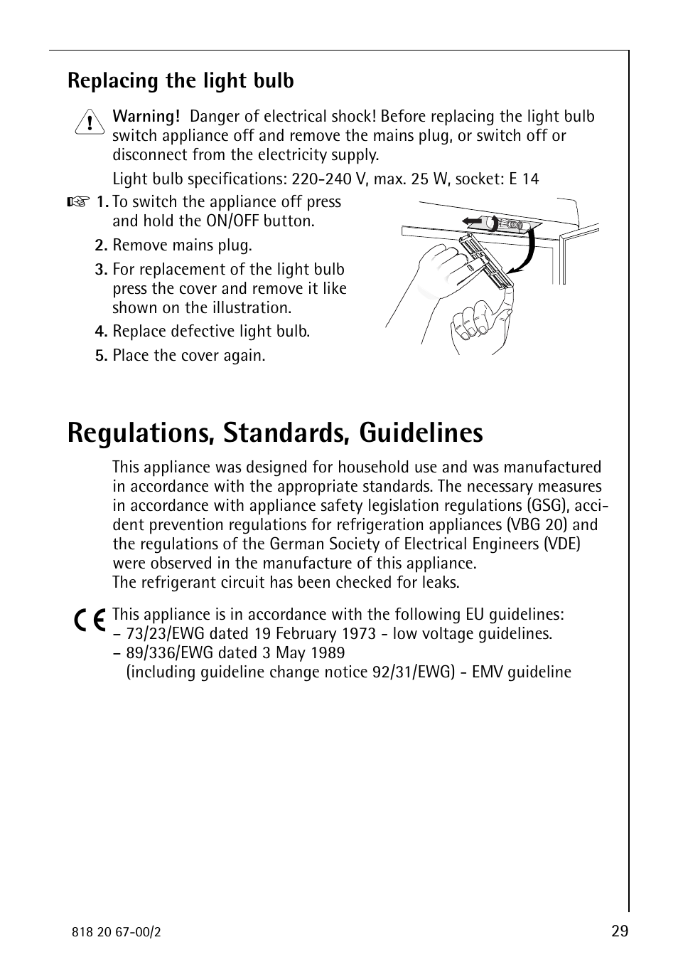 Regulations, standards, guidelines, Replacing the light bulb | Electrolux 2498-6 GA User Manual | Page 29 / 32