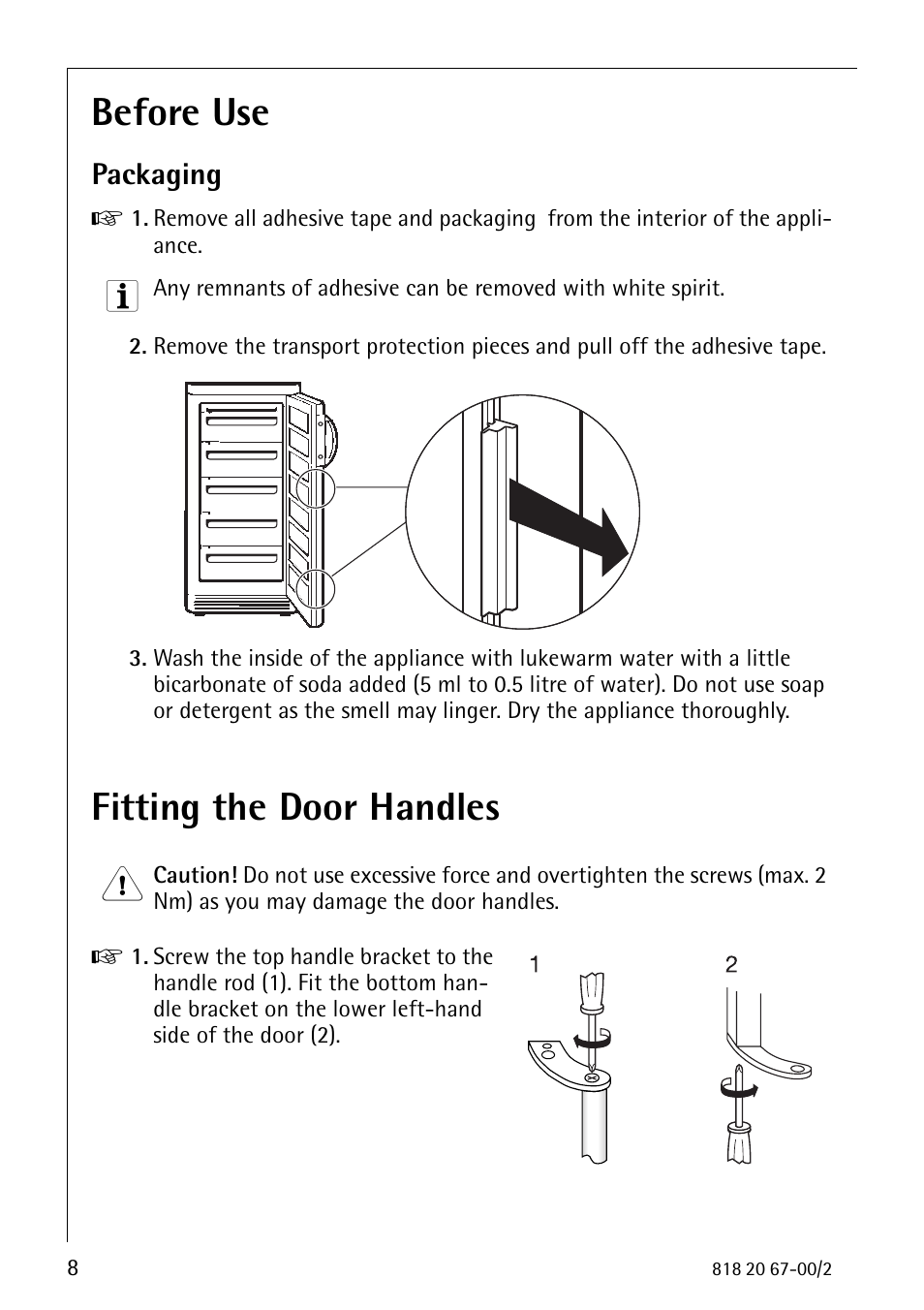 Before use, Fitting the door handles, Packaging | Electrolux 2498-6 GA User Manual | Page 8 / 32