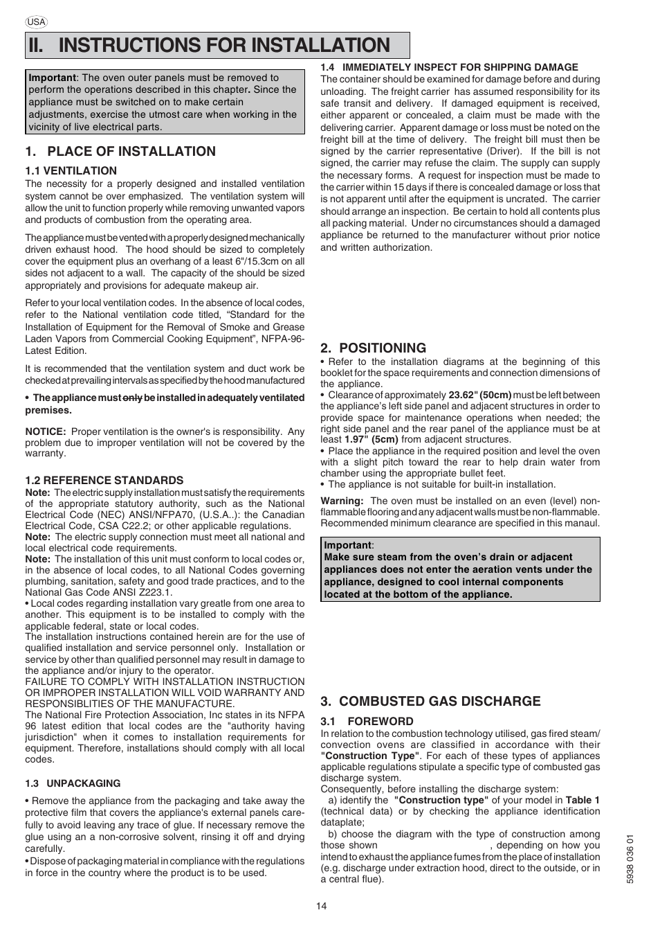 Ii. instructions for installation, Positioning, Combusted gas discharge | Place of installation | Electrolux 260462 User Manual | Page 14 / 32