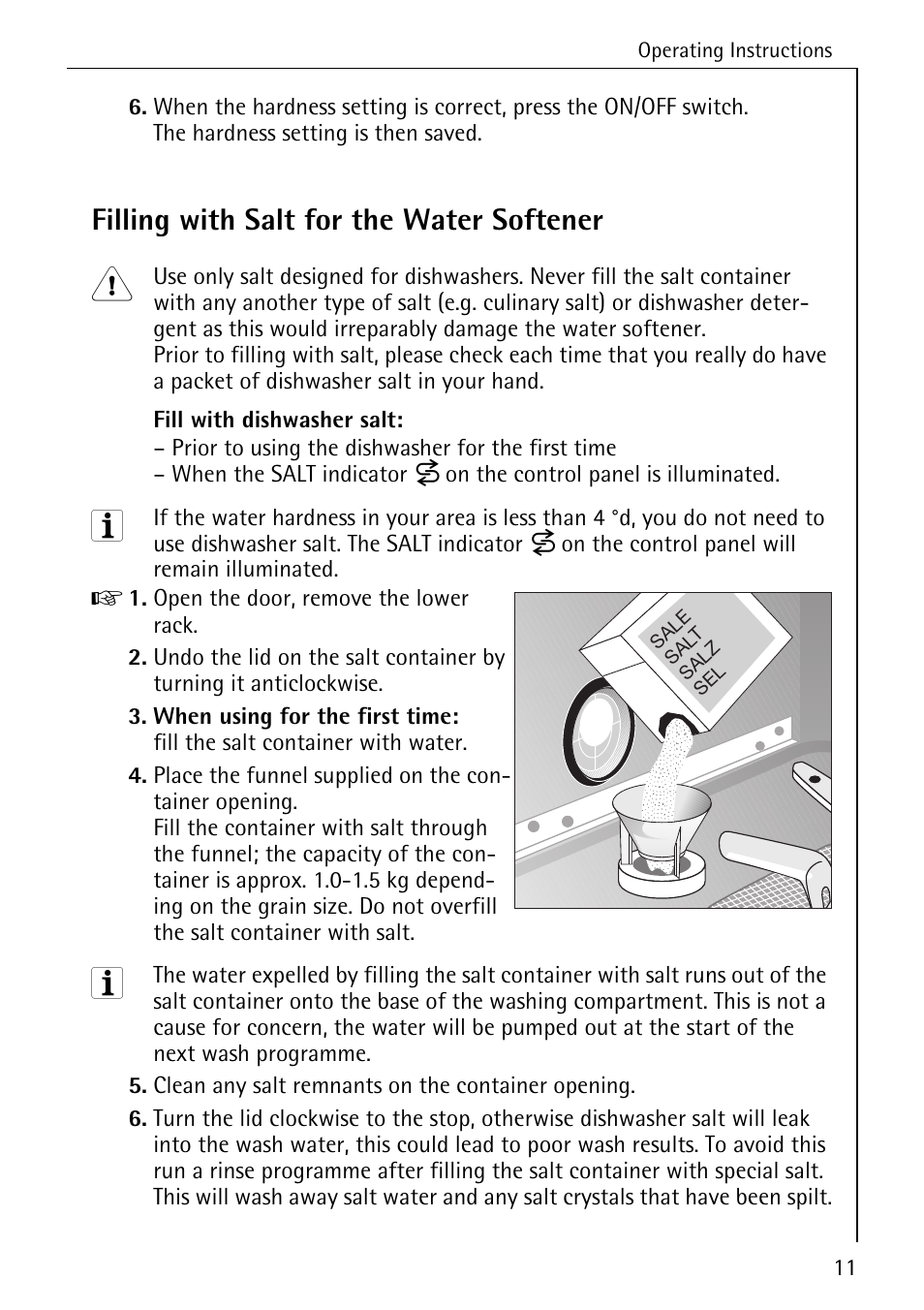 Filling with salt for the water softener | Electrolux 50760 i User Manual | Page 11 / 40