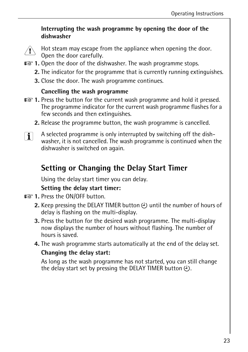 Setting or changing the delay start timer | Electrolux 50760 i User Manual | Page 23 / 40