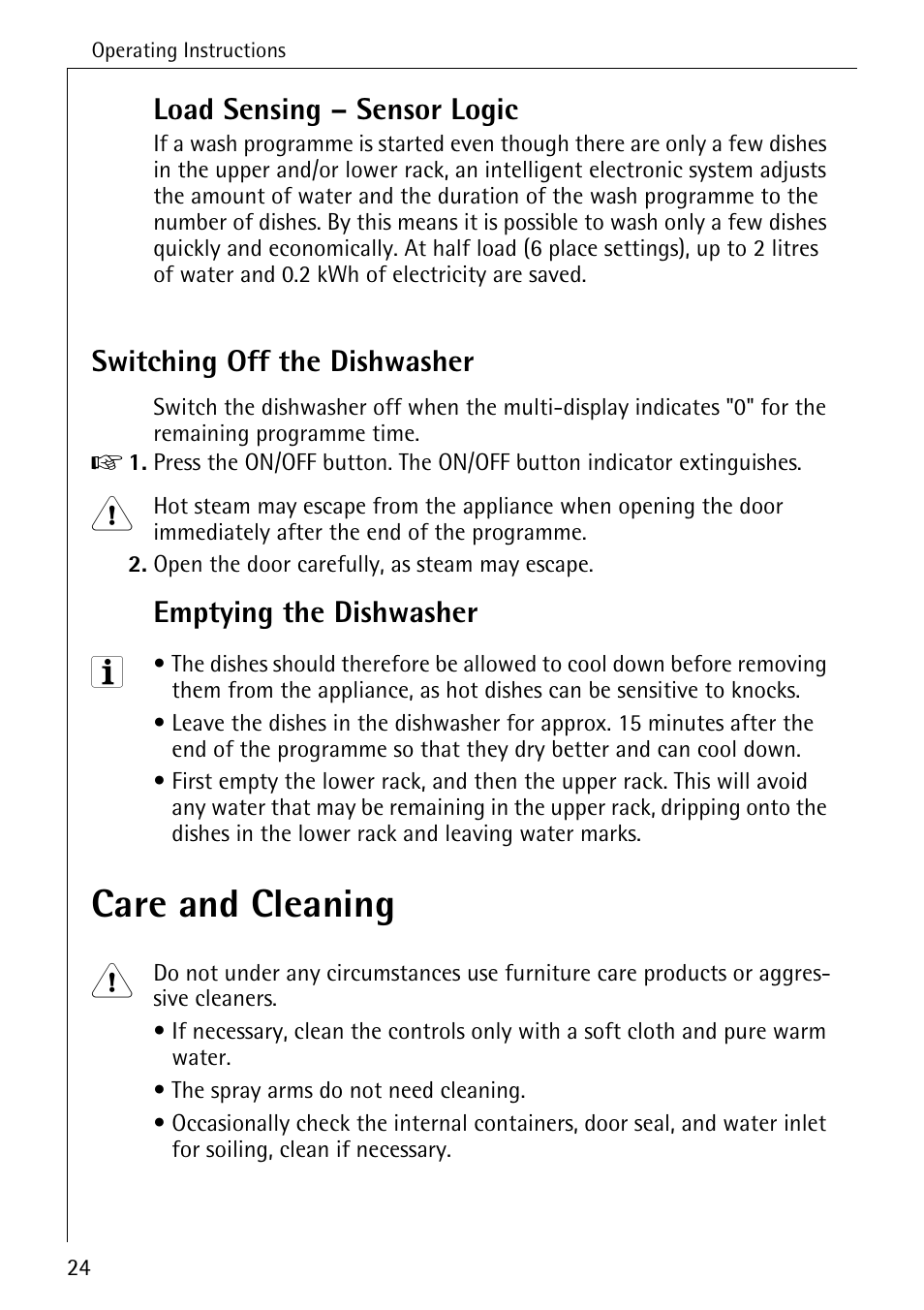 Care and cleaning, Load sensing – sensor logic, Switching off the dishwasher | Emptying the dishwasher | Electrolux 50760 i User Manual | Page 24 / 40