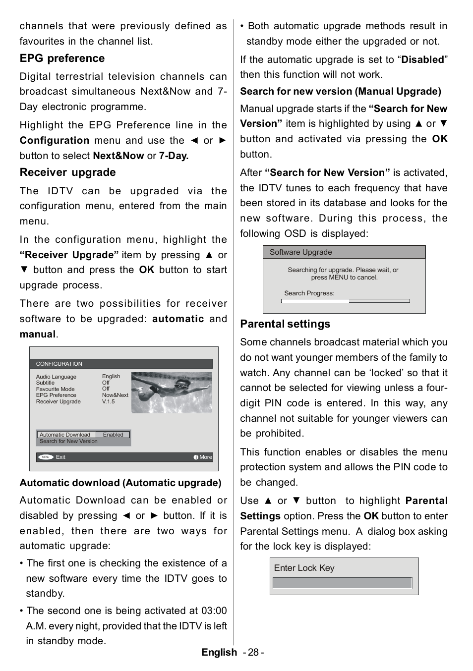 Epg preference, Receiver upgrade, Parental settings | Electrolux ETV45000X User Manual | Page 29 / 52