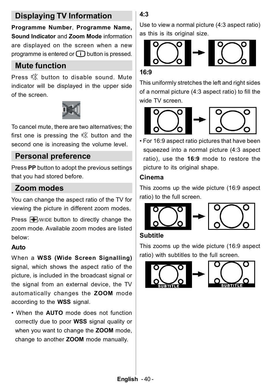 Displaying tv information, Mute function, Personal preference | Zoom modes | Electrolux ETV45000X User Manual | Page 41 / 52