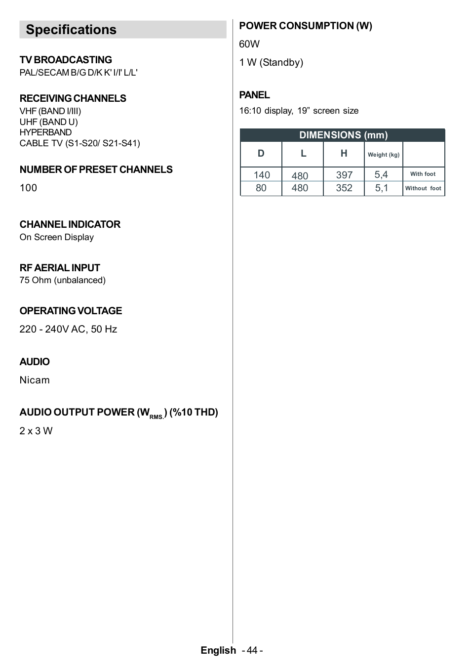 Specifications | Electrolux ETV45000X User Manual | Page 45 / 52