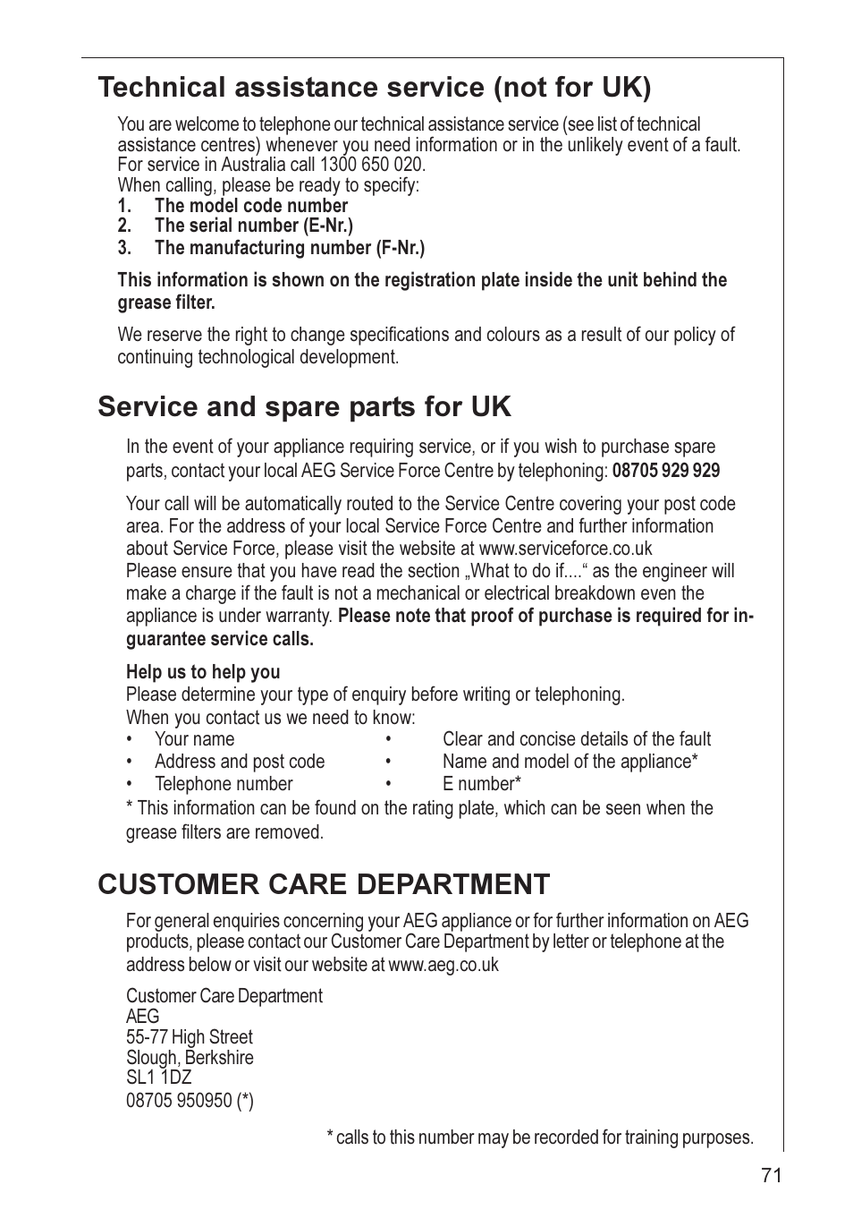 Technical assistance service (not for uk), Service and spare parts for uk, Customer care department | Electrolux 8820 User Manual | Page 12 / 21