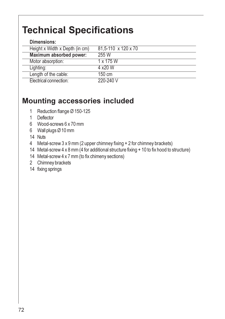 Technical specifications, Mounting accessories included | Electrolux 8820 User Manual | Page 13 / 21