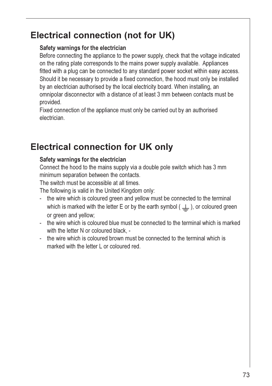 Electrical connection (not for uk), Electrical connection for uk only | Electrolux 8820 User Manual | Page 14 / 21