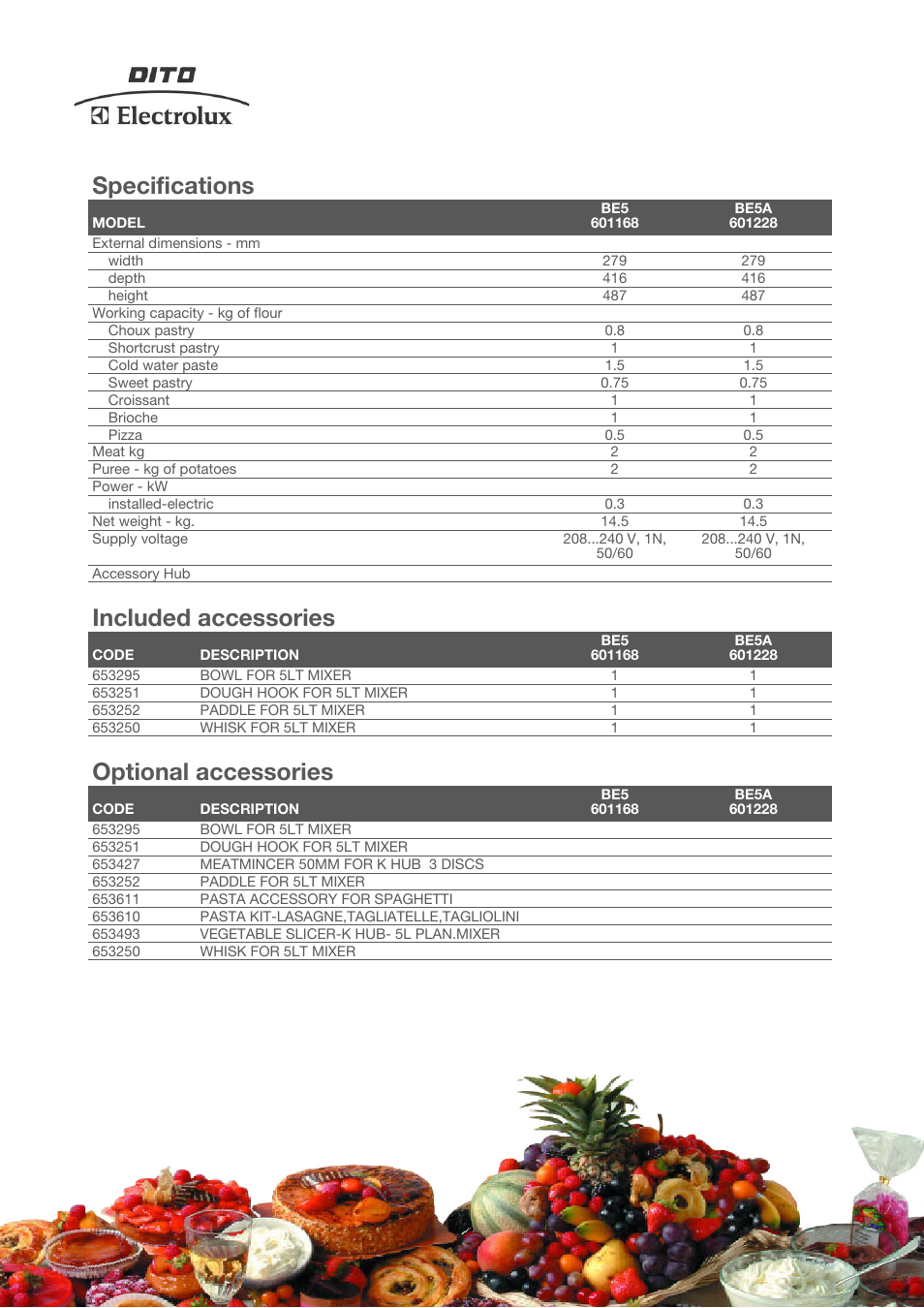 Specifications, Included accessories, Optional accessories | Electrolux BE5A User Manual | Page 2 / 4