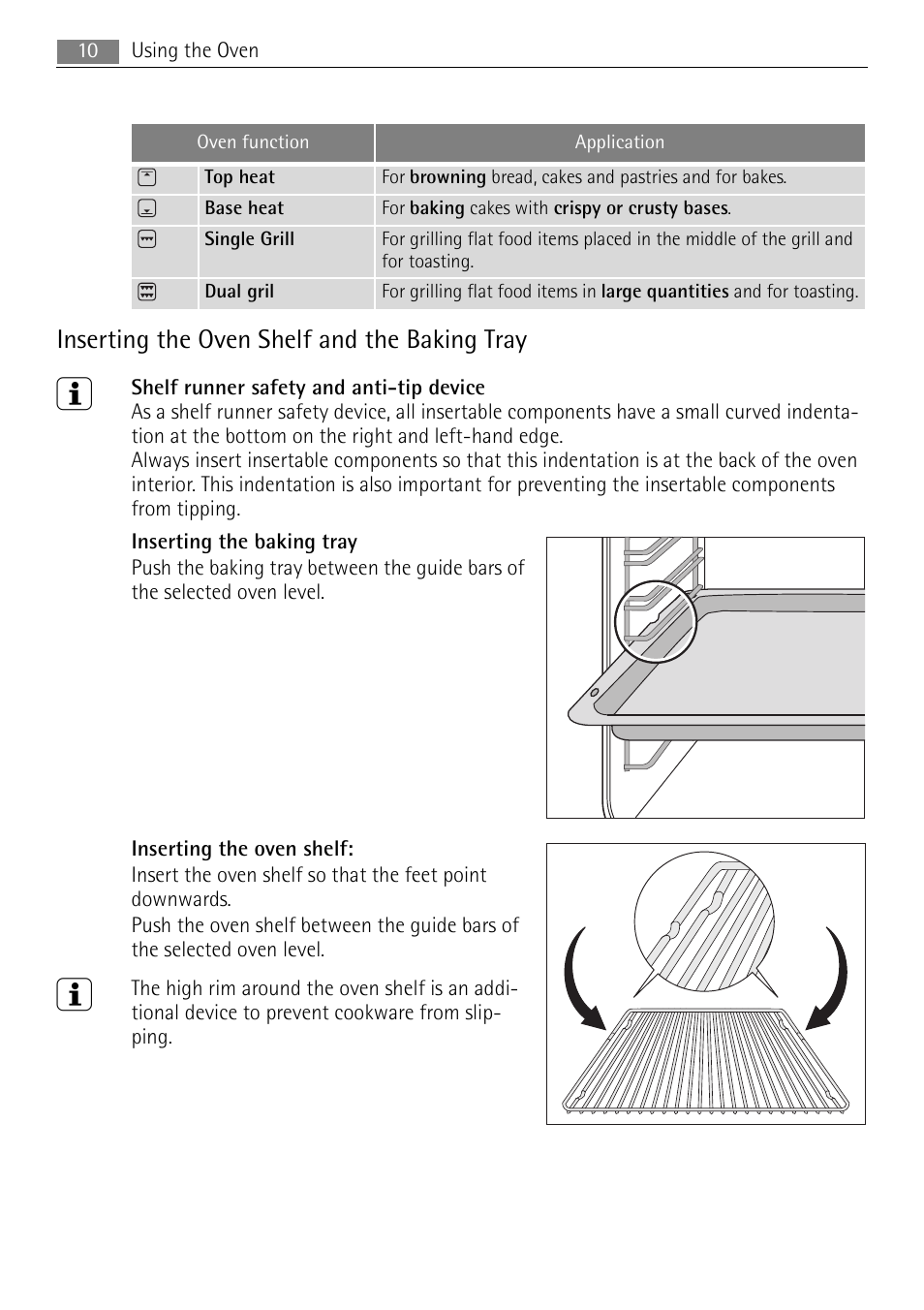 Inserting the oven shelf and the baking tray | Electrolux E1101-5 User Manual | Page 10 / 40