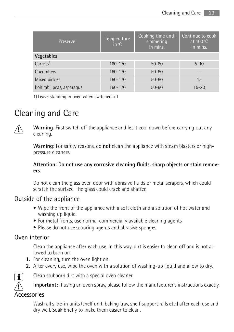 Cleaning and care, Outside of the appliance, Oven interior | Accessories | Electrolux E1101-5 User Manual | Page 23 / 40