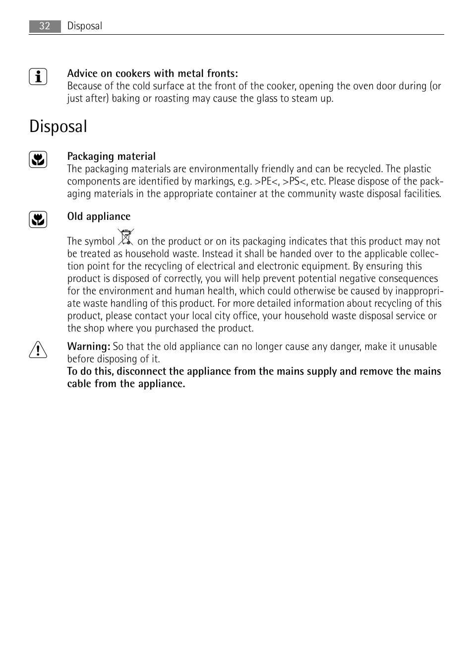 Disposal | Electrolux E1101-5 User Manual | Page 32 / 40