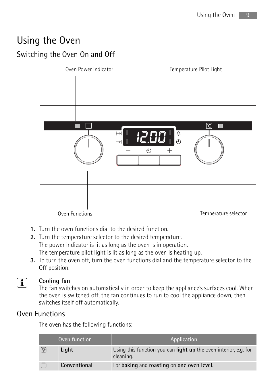 Using the oven, Switching the oven on and off, Oven functions | Electrolux E1101-5 User Manual | Page 9 / 40