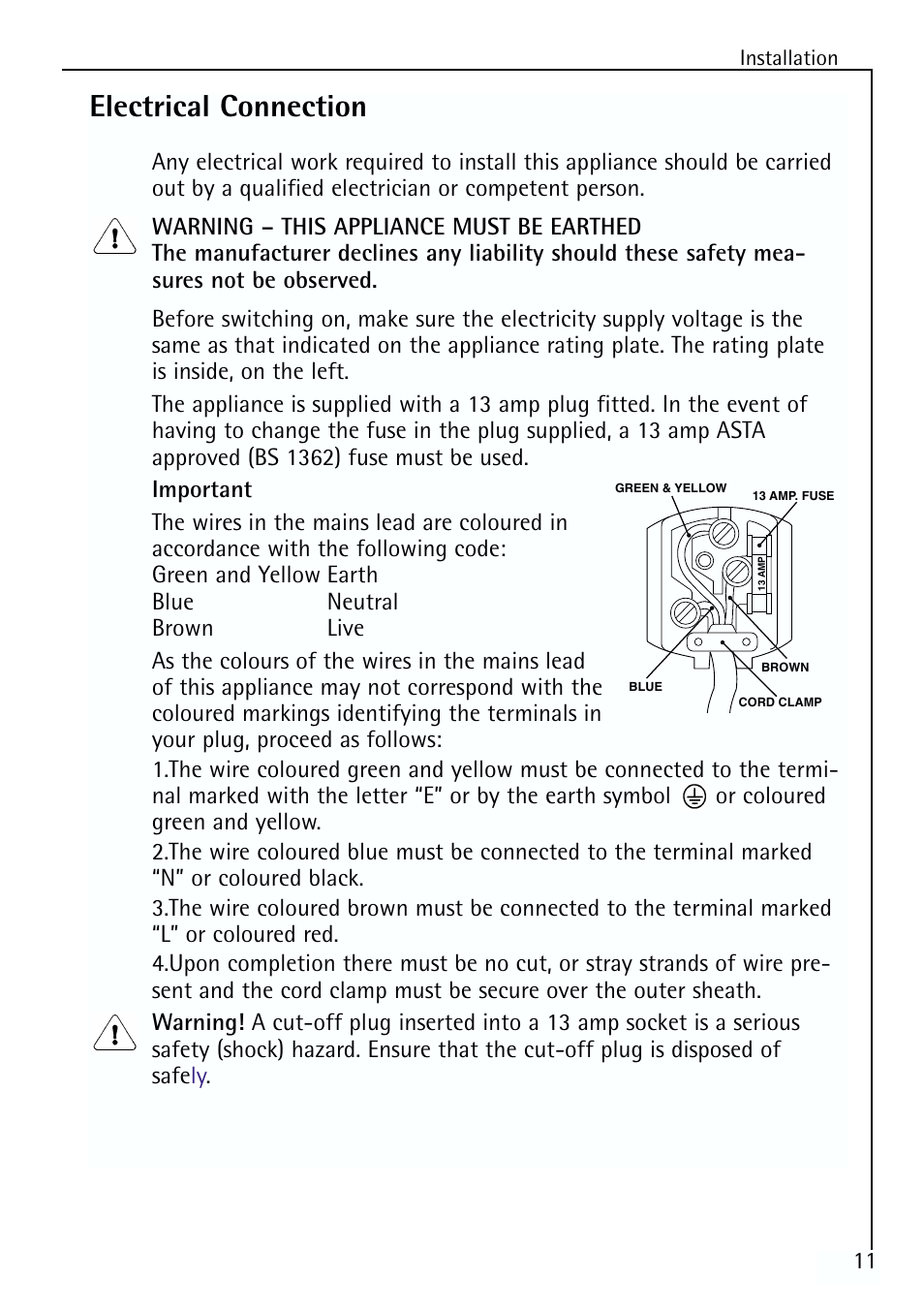 Electrical connection | Electrolux 64150 TK User Manual | Page 11 / 28