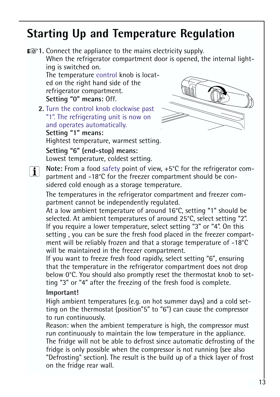 Starting up and temperature regulation | Electrolux 64150 TK User Manual | Page 13 / 28