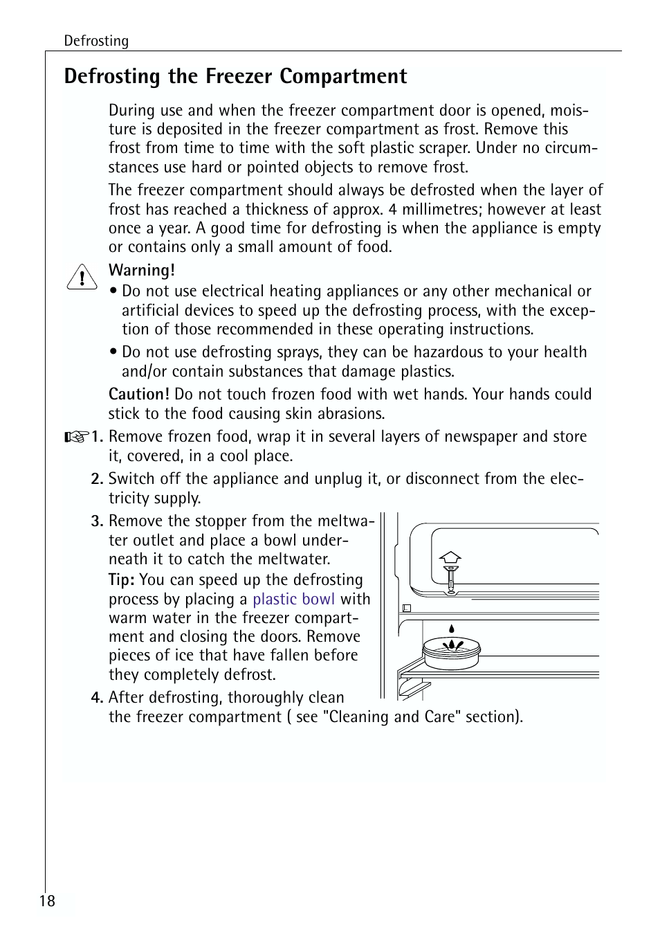 Defrosting the freezer compartment | Electrolux 64150 TK User Manual | Page 18 / 28
