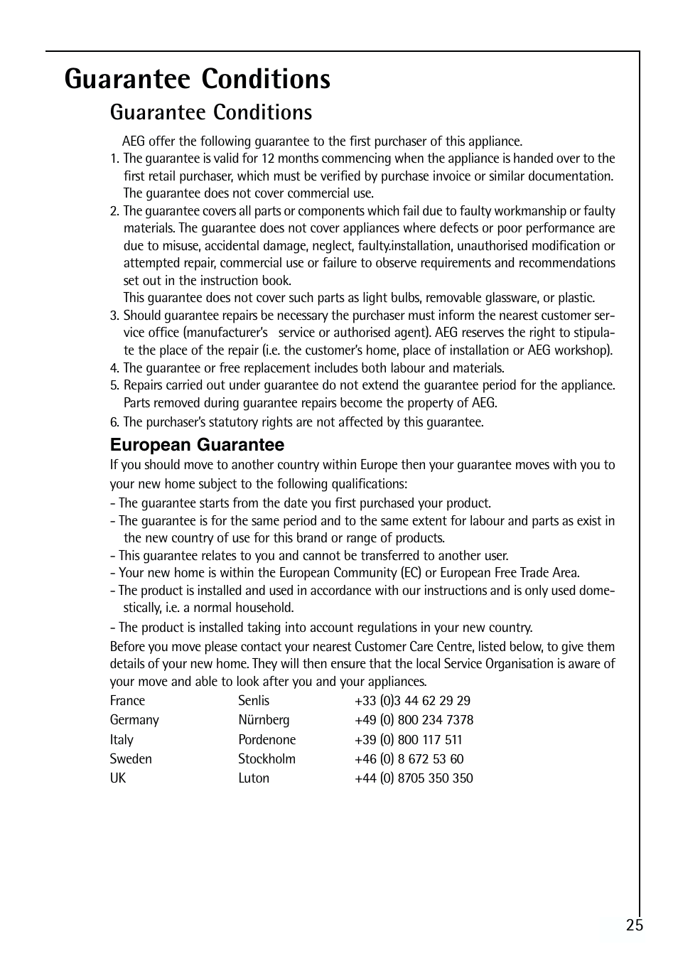 Guarantee conditions | Electrolux 64150 TK User Manual | Page 25 / 28