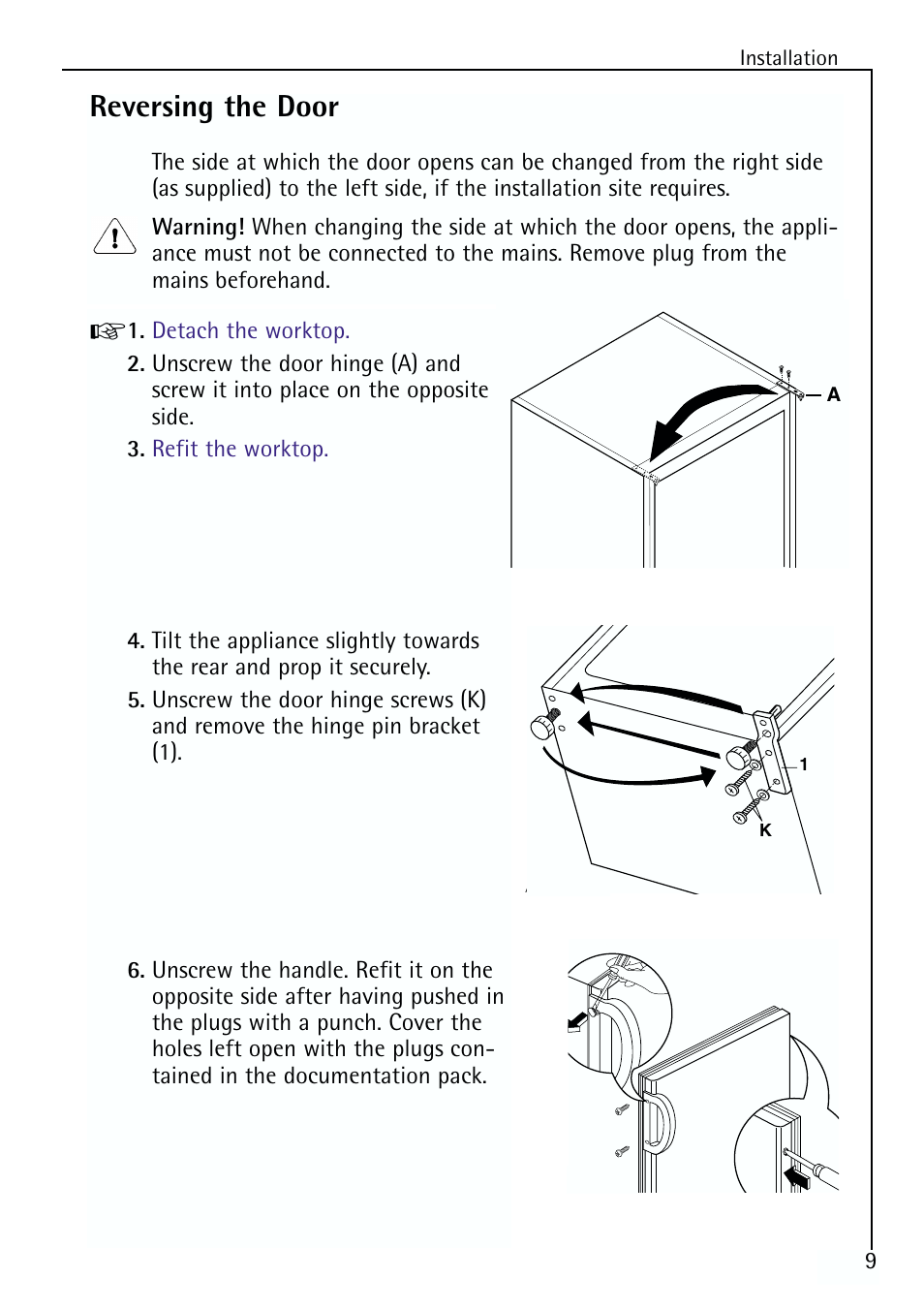 Reversing the door | Electrolux 64150 TK User Manual | Page 9 / 28