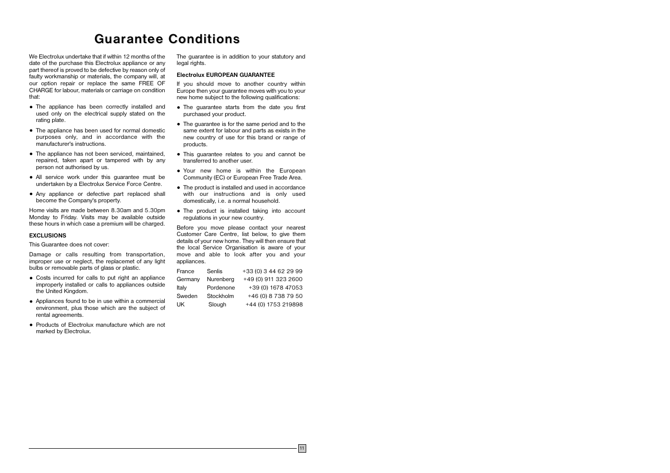 Guar, Guar ant ant ee conditions ee conditions | Electrolux EC 1109N User Manual | Page 11 / 12