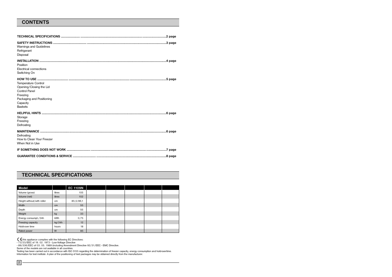 Contents technical specifications | Electrolux EC 1109N User Manual | Page 2 / 12