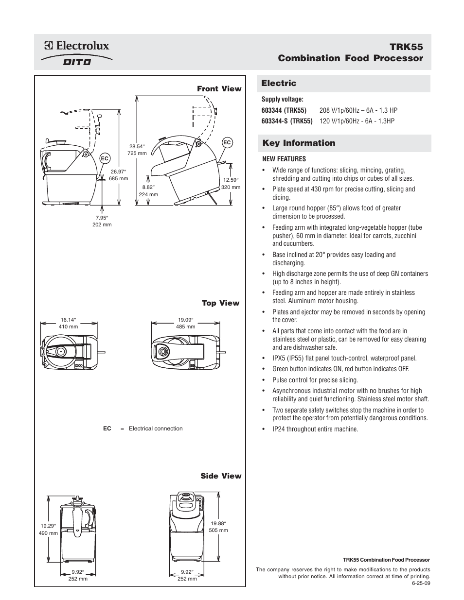 Trk55 combination food processor, Electric, Key information | Electrolux Dito 603344-S User Manual | Page 2 / 2