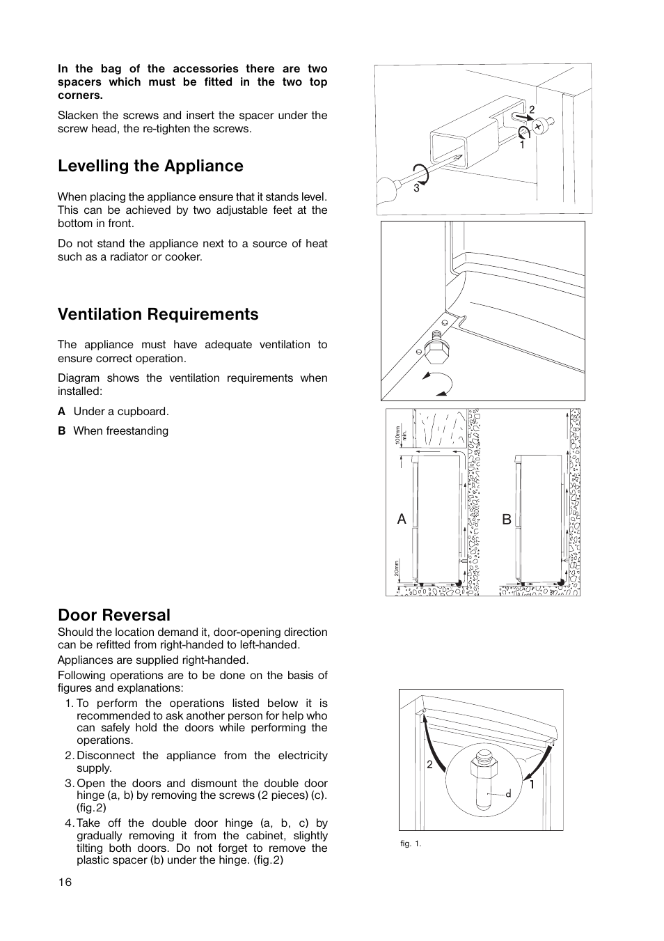 Levelling the appliance, Ventilation requirements, Door reversal | Electrolux ENB 3440 User Manual | Page 16 / 20