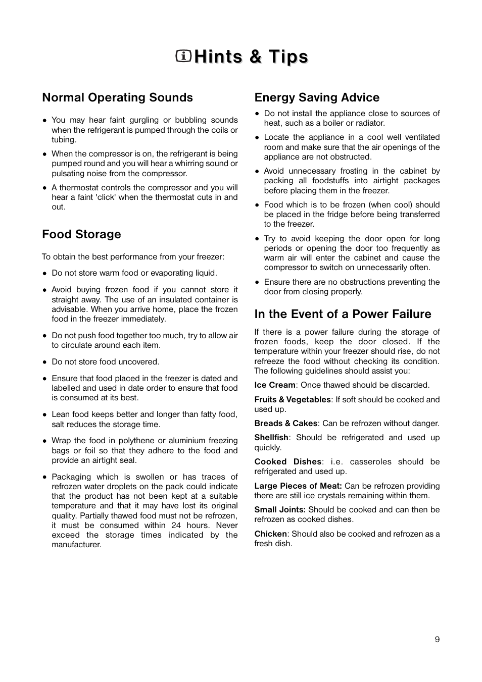 Hints & t, Hints & t ips ips, Normal operating sounds | Food storage, Energy saving advice | Electrolux ENB 3440 User Manual | Page 9 / 20