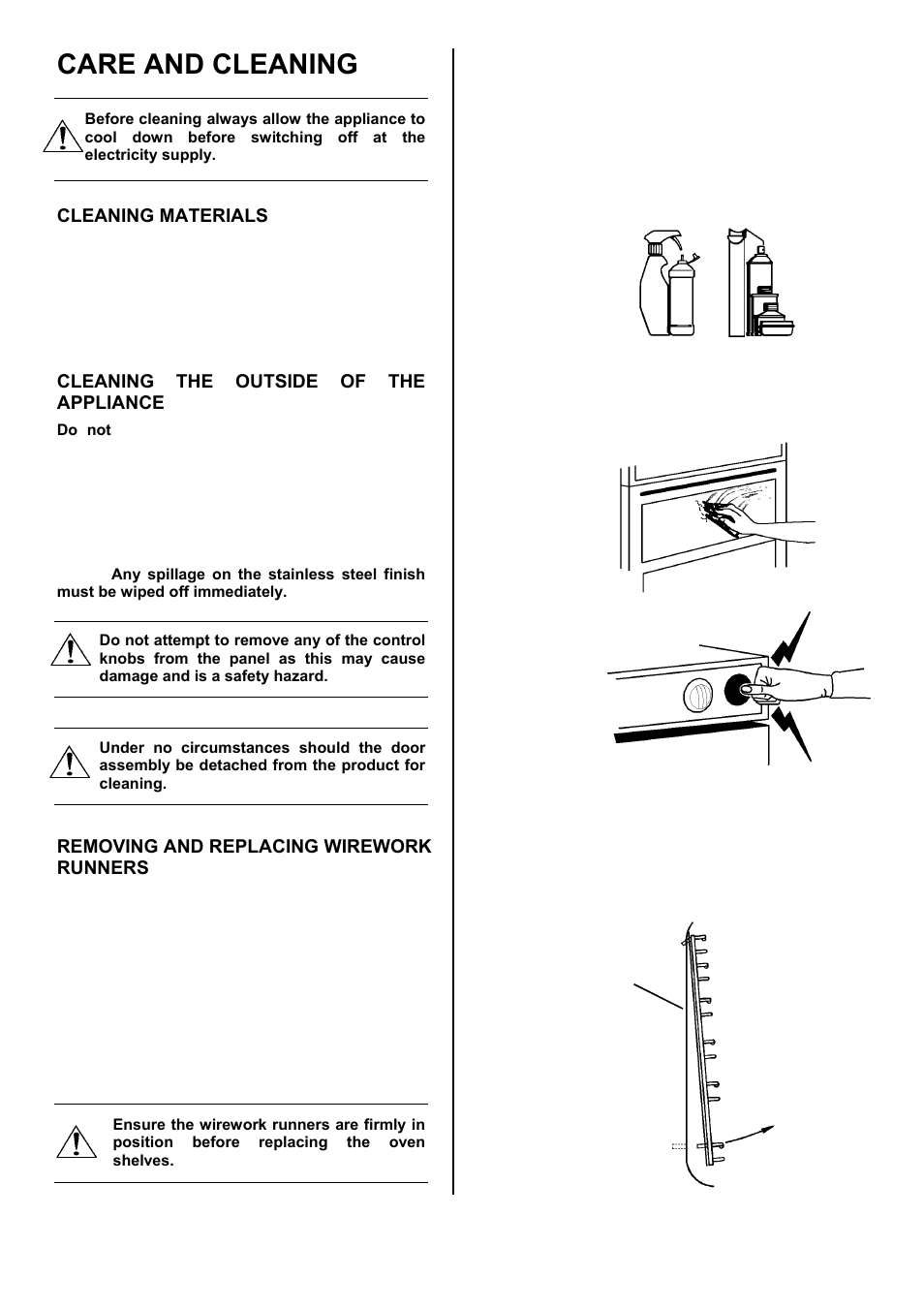 Care and cleaning, Cleaning materials, Cleaning the outside of the appliance | Removing and replacing wirework runners, Cavity centre side panel | Electrolux D4101-5 User Manual | Page 30 / 44