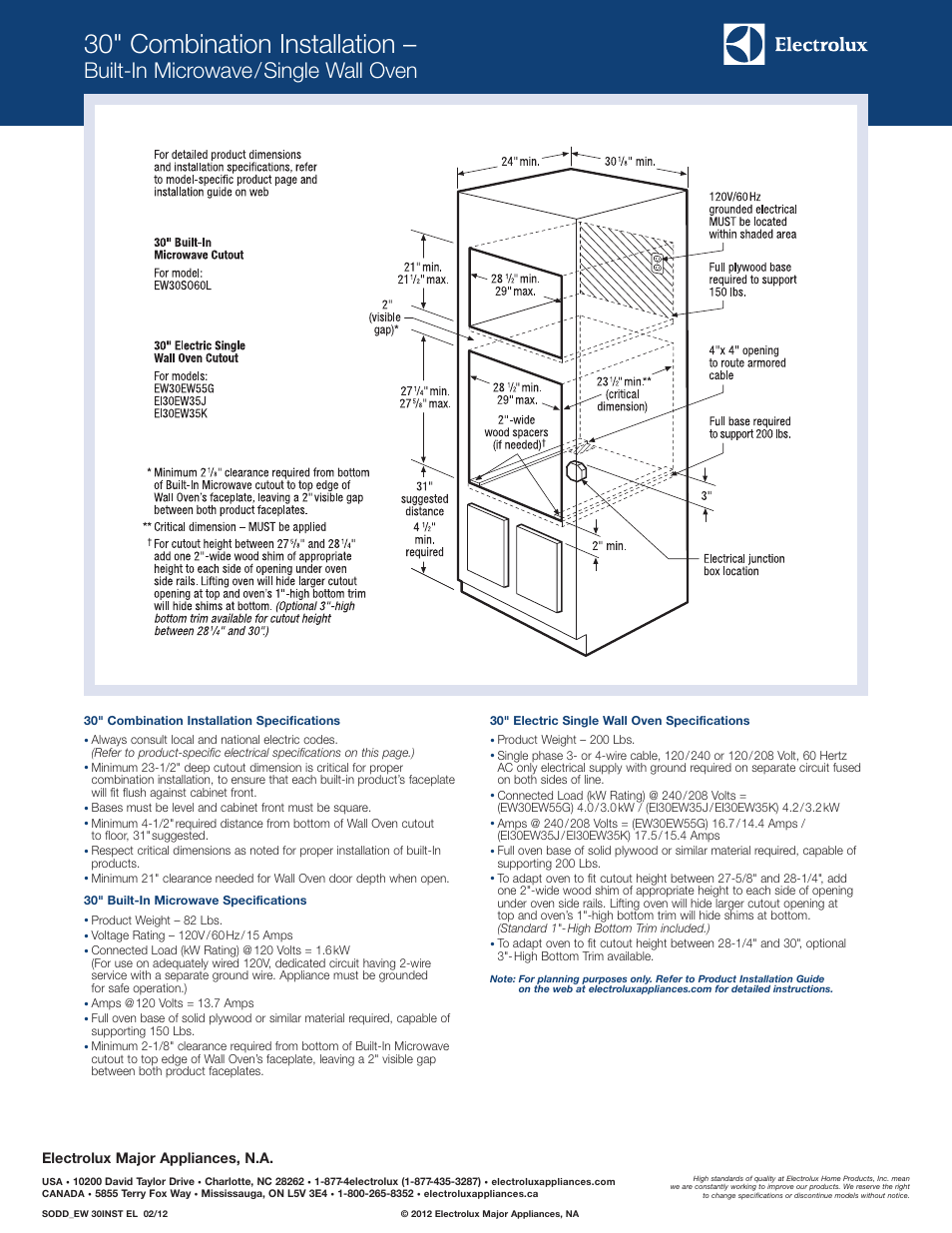 30" combination installation, Built-in microwave/single wall oven, Electrolux major appliances, n.a | Electrolux Built-in Microwave EW30SO60L S User Manual | Page 3 / 7