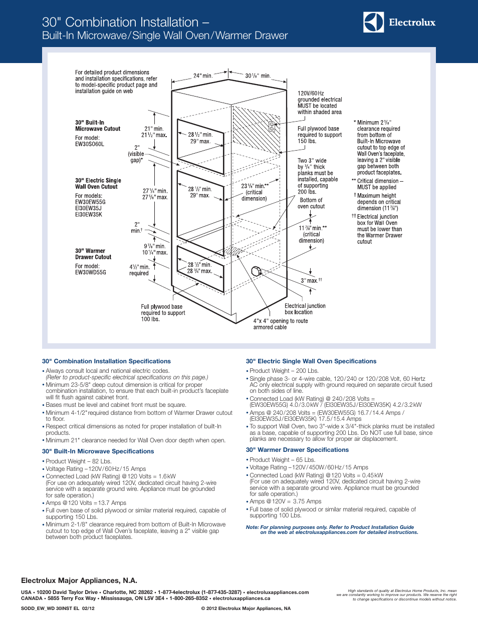 30" combination installation, Built-in microwave/single wall oven/warmer drawer, Electrolux major appliances, n.a | Electrolux Built-in Microwave EW30SO60L S User Manual | Page 4 / 7
