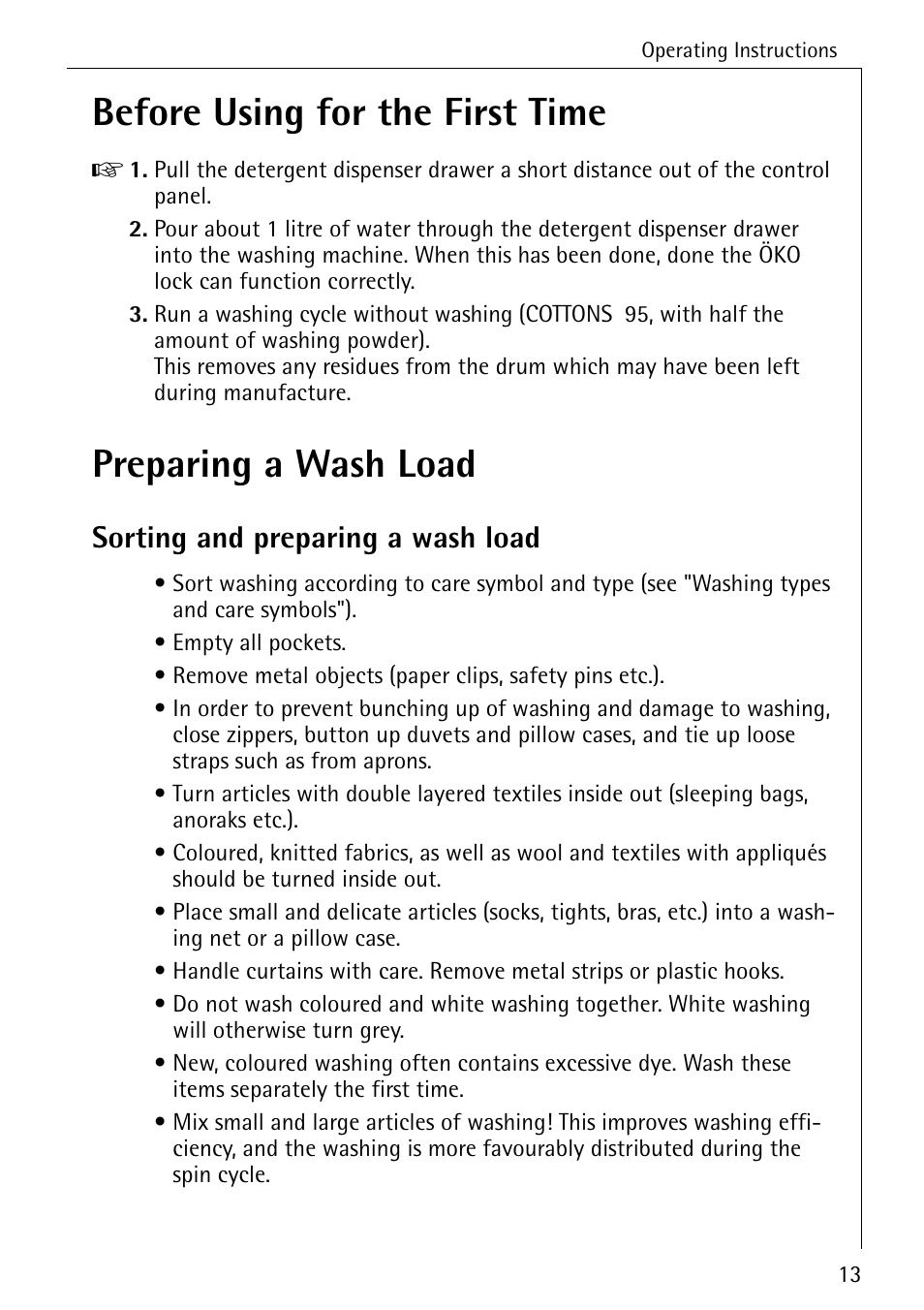 Before using for the first time, Preparing a wash load, Sorting and preparing a wash load | Electrolux 86720 User Manual | Page 13 / 52