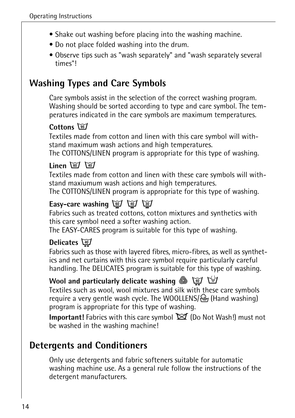 Washing types and care symbols, Detergents and conditioners | Electrolux 86720 User Manual | Page 14 / 52